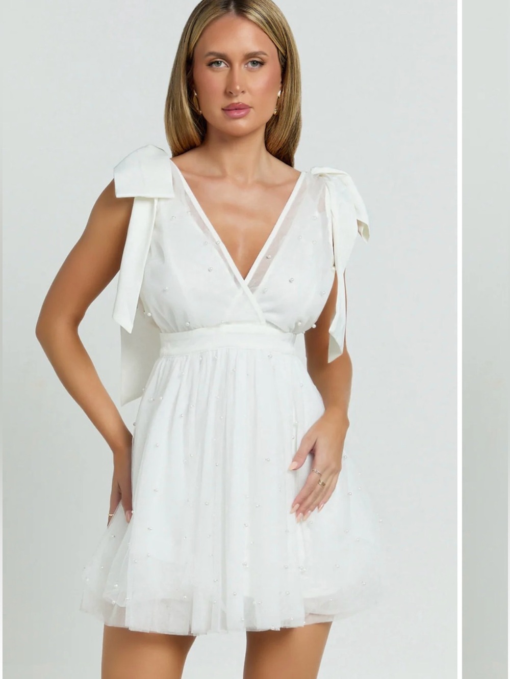NWT Showpo Karalyn White Mini Dress With Pearl Accents Size 10